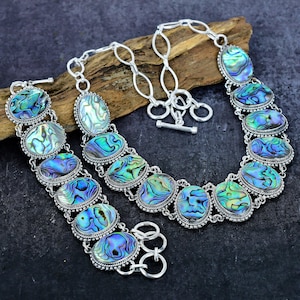 Abalone Shell Necklace & Bracelet Vintage Silver Jewelry Set, Rainbow Sea Shell Stone Designer Jewelry Combo Set, Birthday Gift for Her/Love