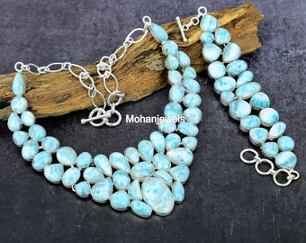 Conjunto de collar y pulsera de larimar: conjunto de joyería boho bañada en plata, regalo de boda para ella.