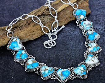Ice Blue Dahlia Turquoise Silver Heart Necklace Multicolor Turquoise Vintage Necklace Crafted Artisan Southwestern Jewelry Gift for Her