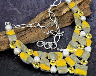 Natural Bumble Bee Jasper Gemstone Necklace, Biwa Pearl and Citrine Adjustable Silver Plated Jewelry, Wedding Gift, Necklace For Mother