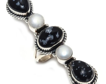 Snowflake Obsidian & Pearl Ring: Silver Plated Designer Ring