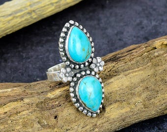 Kingman Turquoise Ring: Silver Plated Floral Boho Jewelry Gift for Her