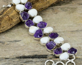 Amethyst & Oyster Shell Silver Plated Bracelet: Adjustable Gemstone Jewelry
