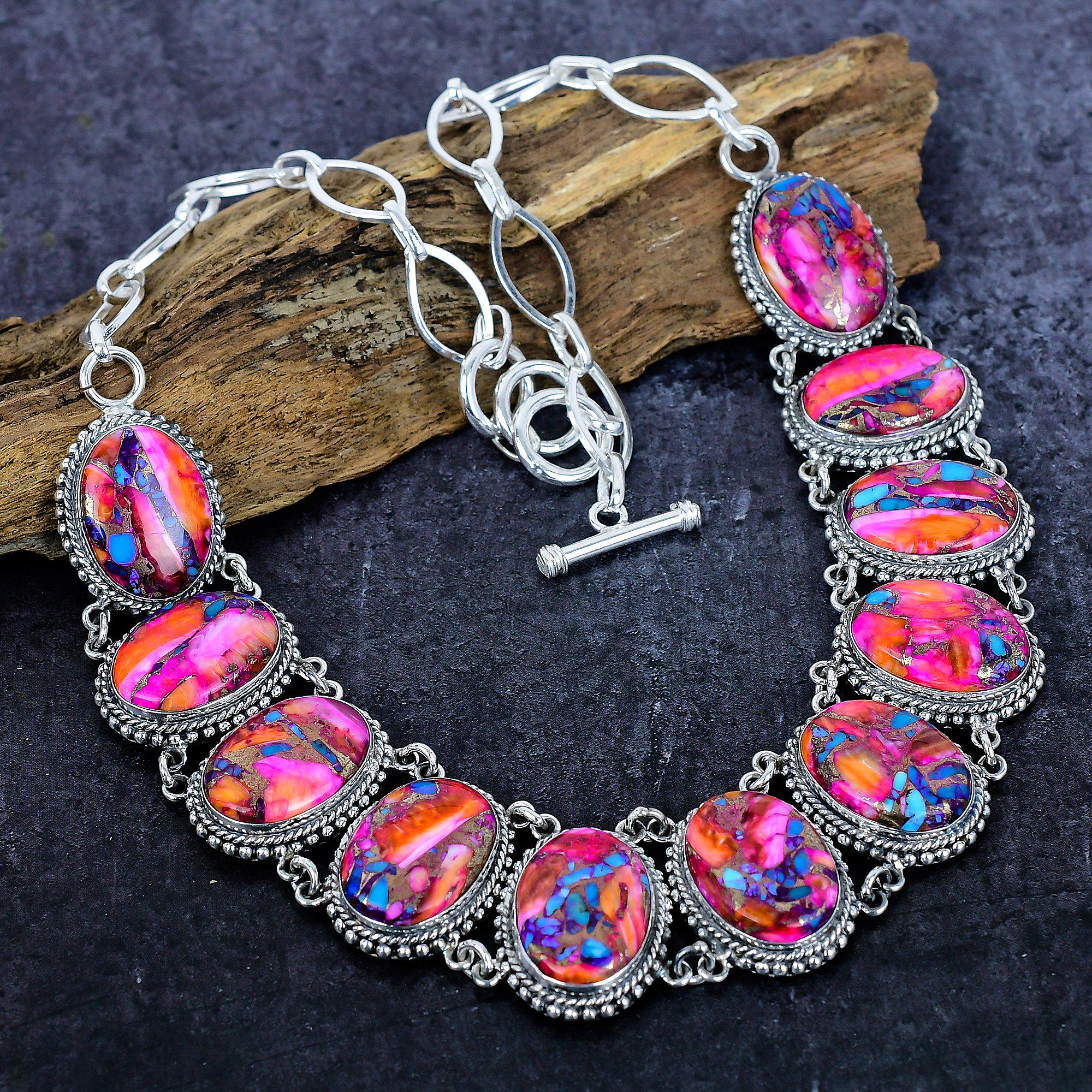 Pink Dahlia Turquoise Necklace Bracelet Set: Vintage Silver Plated
