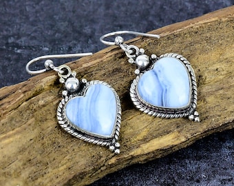Blue Lace Agate Heart Earring, Silver Plated Vintage Style Jewelry