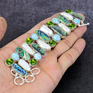 Abalone Shell Larimar Peridot & Pearl Silver Plated Bracelet, Multi Stone Statement Bracelet, Handmade Unique Designer Jewelry, Gift For Her