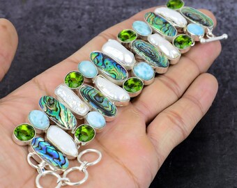 Handmade Abalone , Larimar, Peridot & Pearl Silver Plated Bracelet