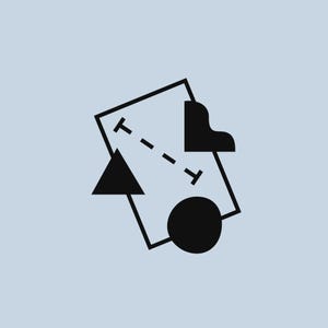 May include: Abstract geometric design featuring a black triangle, circle, and a shape resembling a piano key, along with a rectangle with dashed lines and T-shaped elements. The design is set against a light blue background.