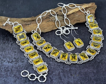 Citrine Necklace Bracelet Earrings Set: Oxidized Silver Plated Jewelry, Emerald cut Gemstone