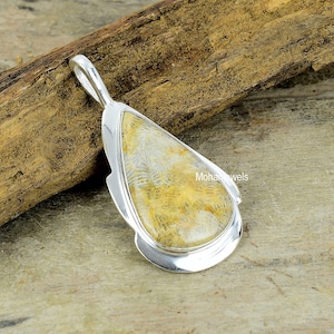 Fossil Coral Pendant - Fossil Coral Gemstone Silver Plated Necklace - Fashion Pendant Jewelry - Statement Pendant - Fortune Gift For Her