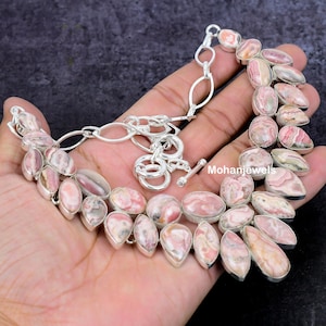 Collar de piedras preciosas de rodocrosita natural, joyería plateada ajustable de rodocrosita, regalo de aniversario, collar de piedra rosa