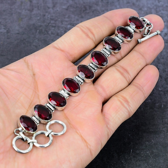 Bracciale In Argento Sterling 925 Con Granato Rosso Fatto - Foto 9