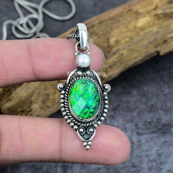 Green Triplet Opal Pendant: Silver Plated Necklace With Pearl