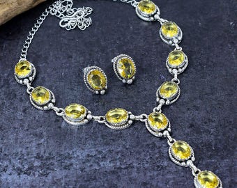 Citrin Halskette und Ohrring Set - versilberter Boho Schmuck, Statement Brautschmuck