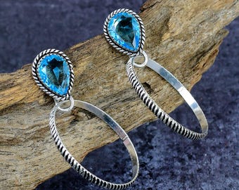 Blue Topaz Earrings, Silver Plated Twisted Wire Statement Boho Jewelry Gift for Her