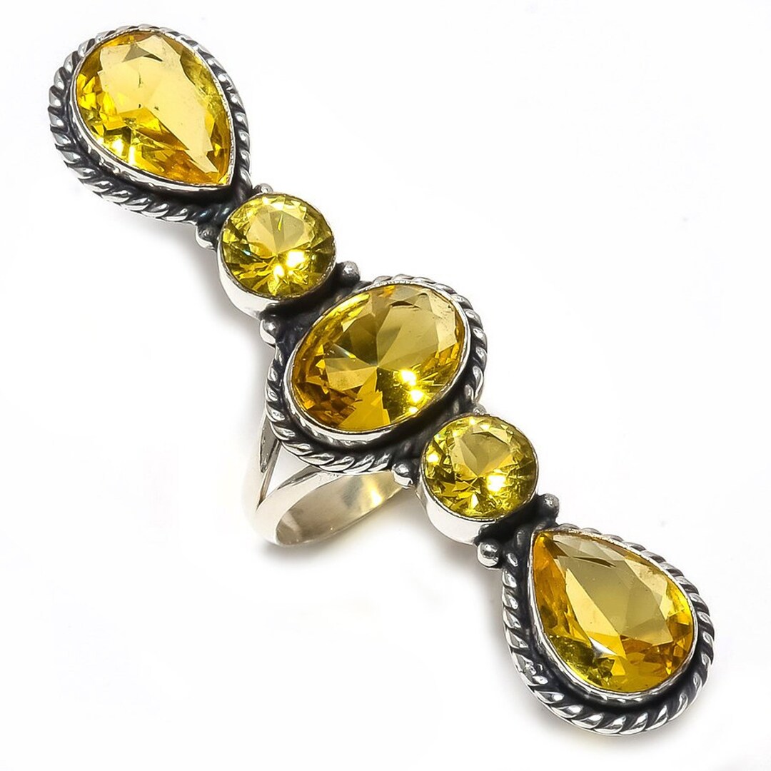 ハンドメイドのシトリン宝石シルバーメッキリング：ボヘミアン