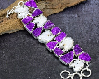 Purple Titanium Drusy & Biwa Pearl Bracelet, Silver Plated Adjustable Bracelet