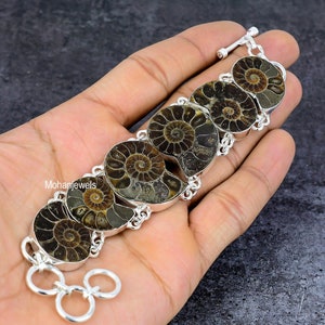 Bracciale in pietra preziosa fossile di ammonite, gioielli regolabili placcati in argento fatti a mano, gioielli in cristallo curativo, braccialetto in pietra marrone