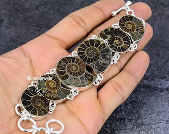 Ammonite Fossil Gemstone Bracelet, Handmade Silver Plated Adjustable Jewelry, Healing Crystal Statement Jewelry, Brown Stone Bracelet