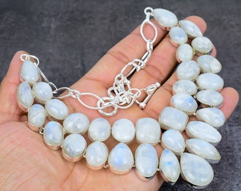 Rainbow Moonstone Necklace, Moonstone Silver Plated Necklace, Designer Necklace, June Birthstone, Handmade Jewelry, Anniversary Gift For Her