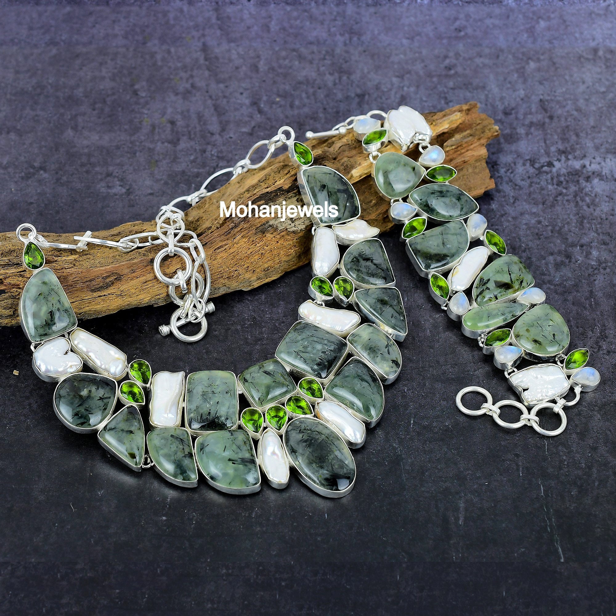 Moos Prehnit Biwa Perle Peridot Halskette Armband Schmuckset, Cluster Halskette Armband, Jubiläumsgeschenk Schmuck, Choker Halskette