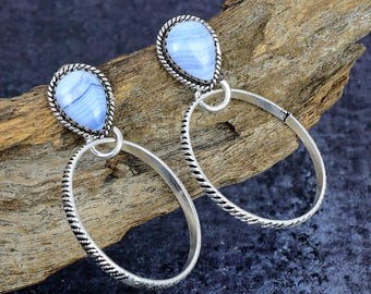 Blue Lace Agate Drop Hoop Earrings, Silver Plated Twisted Wire Boho Jewelry