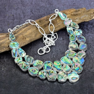 Abalone Necklace, Natural Abalone Shell Gemstone Silver Plated Adjustable Chain Necklace Jewelry, Fossil Shell Necklace Gift For Her