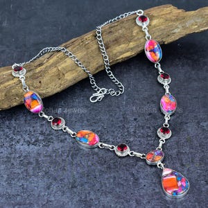 Turquoise Necklace Natural Kingman Pink Dahlia Turquoise Garnet Silver Necklace, Multi Colored Spiny Oyster Turquoise, Unique Gift For Her