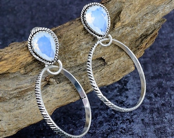 Milky Opal Drop Hoop Earrings, Silver Plated Twisted Wire Boho Jewelry Gift for Her