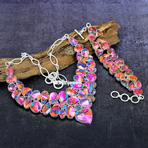 Turquoise Necklace Set, Kingman Pink Oyster Turquoise, Multi Color Spiny Turquoise Necklace & Bracelet Jewelry Set , Women Wedding Gift&#39;s