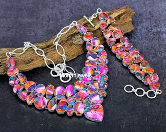 Türkis Halskette Set, Kingman Pink Oyster Türkis, Multi Color Spiny Türkis Halskette & Armband Schmuckset, Frauen Hochzeitsgeschenke