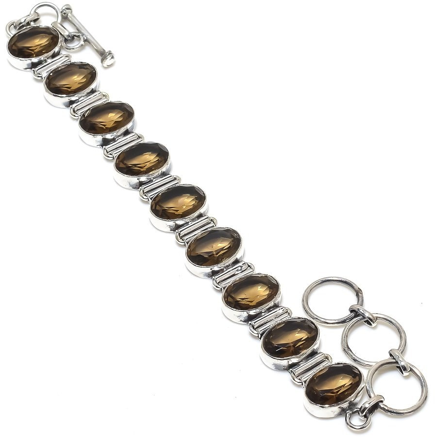 Pulseira de quartzo fumê, joia delicada banhada a prata fumê facetada, joia protetora de cristal marrom, pulseira de corrente ajustável