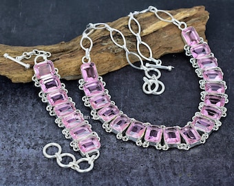 Kunzit Schmuck Set: Silber überzogene Statement Halskette Armband, Hochzeitsgeschenk