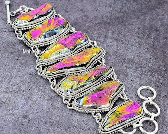Raw Titanium Druzy Silver Plated Bracelet: Rainbow Flashy Gemstone Jewelry