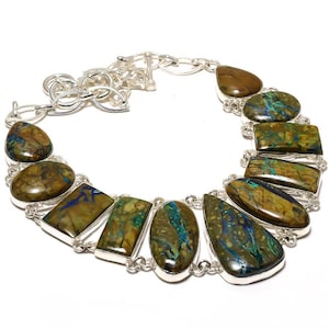 Chrysocolla Azurite Gemstone Necklace, Silver Plated Adjustable Necklace, Bohemian Jewelry, Wedding Gift, Artisan Jewelry