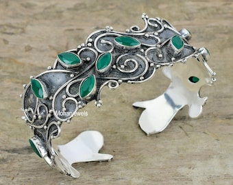 Brazalete de ónix verde bañado en plata: estilo bohemio vintage