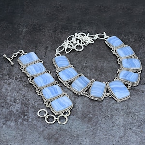 Natural Blue Lace Agate Necklace, Blue Lace Agate Silver Plated Necklace & Bracelet, Energy Stone, Protection Jewelry, Designer Wedding Gift