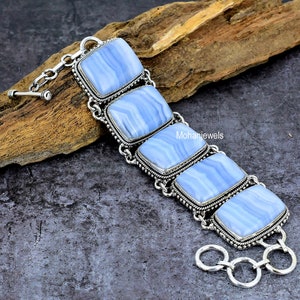 Blue Lace Agate Bracelet, Natural Blue Lace Agate Gemstone Silver Plated Bracelet, Blue Stone Bracelet, Handmade Jewelry, Wedding Bracelet