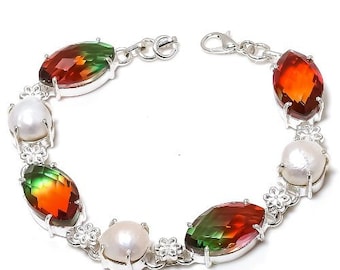 Tourmaline Bracelet, Watermelon Tourmaline Pearl Gemstone Silver Plated Bracelet, Elegant Bracelet, Floral Silver Jewelry, Wedding Gift