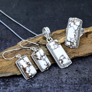Wild Horse Jasper Silver Jewelry Set: White & Brown Gemstone Ring Earrings Pendant Set Elegant Multi Color Stone Gemstone Jewelry