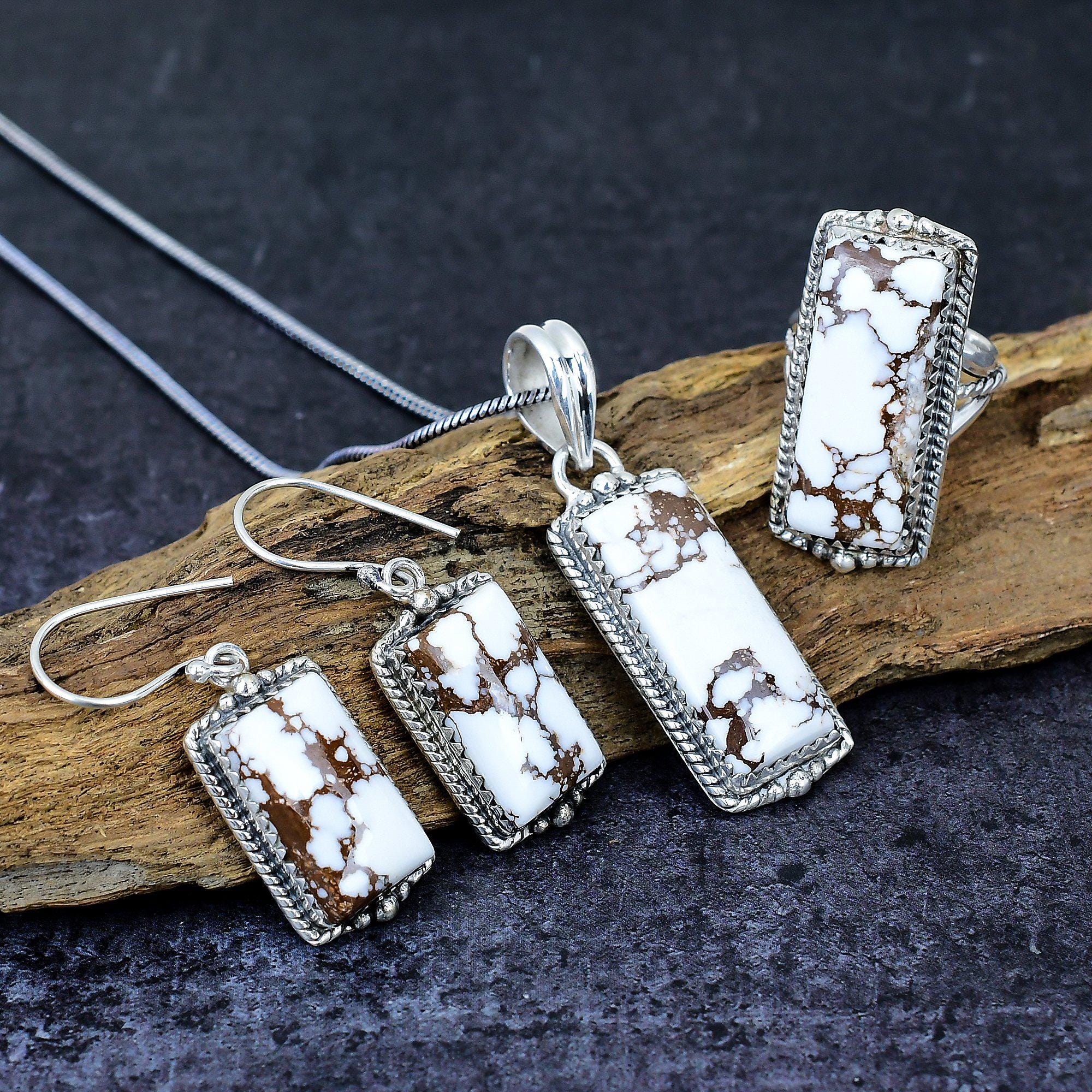 Wild Horse Jasper Silver Jewelry Set: Ring, Earrings, Pendant - Multi Color Stone