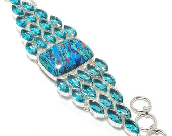 Rainbow Calsilica & Blue Topaz Bracelet: Silver Plated Bohemian Jewelry