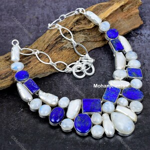 Rainbow Moonstone Choker: Lapis & Pearl Silver Plated Necklace