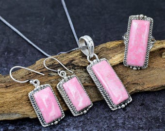 Natural Pink Thulite Gemstone Silver Jewelry Set: Adjustable Chain Pendant Ring & Earrings Set Elegant Pink Gemstone Jewelry