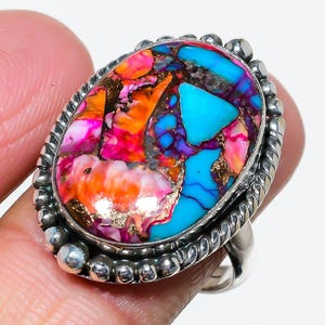Turquoise Ring, Natural Kingman Dahlia Turquoise Silver Plated Ring, Multi Color Pink Spiny Oyster Turquoise Jewelry, Women Birthday Gift
