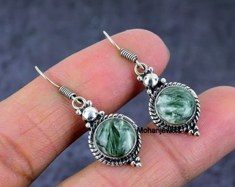 Seraphinite Earrings, Natural Seraphinite Silver Earrings, Bohemian Handmade Vintage Green Stone Earrings, Women's Anniversary Gift Earrings