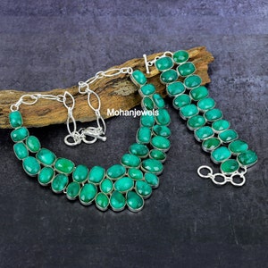 Emerald Necklace Bracelet Jewelry Set, Natural Emerald Silver Jewelry, Handmade Party Wear Set, Emerald Statement Necklace Gift Set