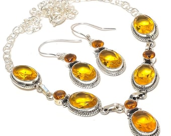 Citrin Halskette & Ohrringe Set: versilberter gelber Stein Schmuck