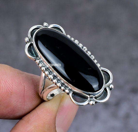 Black Onyx Ring, Black Onyx Gemstone Silver Ring, Handmade Bohemian Ring,  Stackable Vintage Ring, Best Birthday Ring for Her