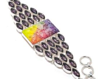 Solar Quartz Druzy & Amethyst Silver Plated Cluster Bracelet